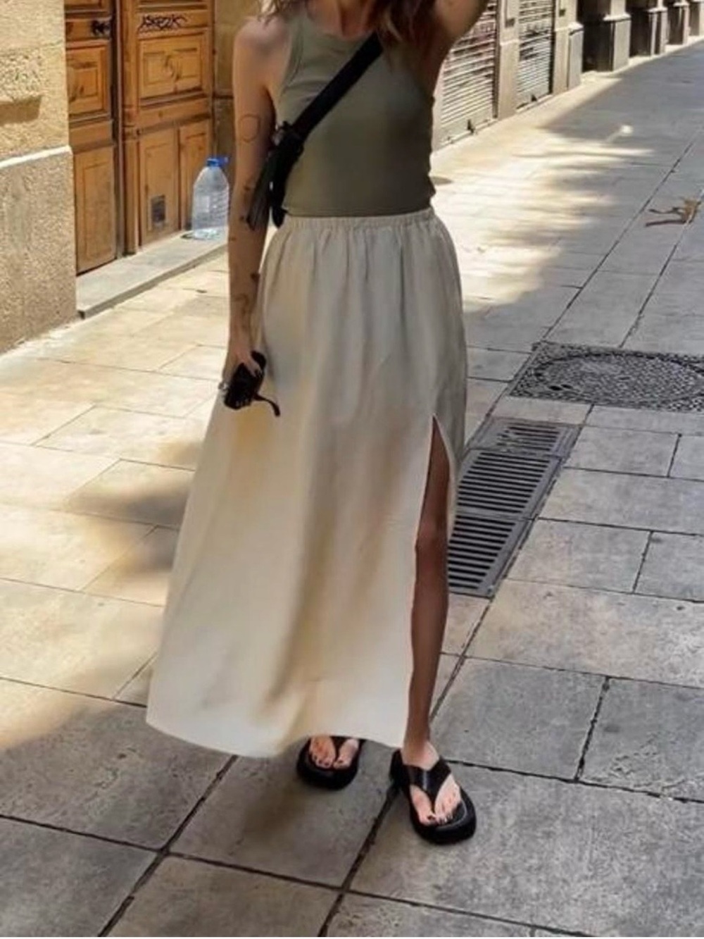 Cream Linen Blend Slit Skirt
